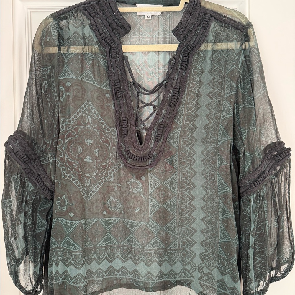 Elegant Sheer Lace-Up Blouse in Gray